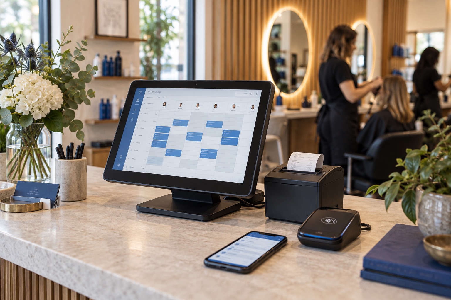 Thiết bị hỗ trợ vận hành tại quầy salon — ảnh minh hoạ AI